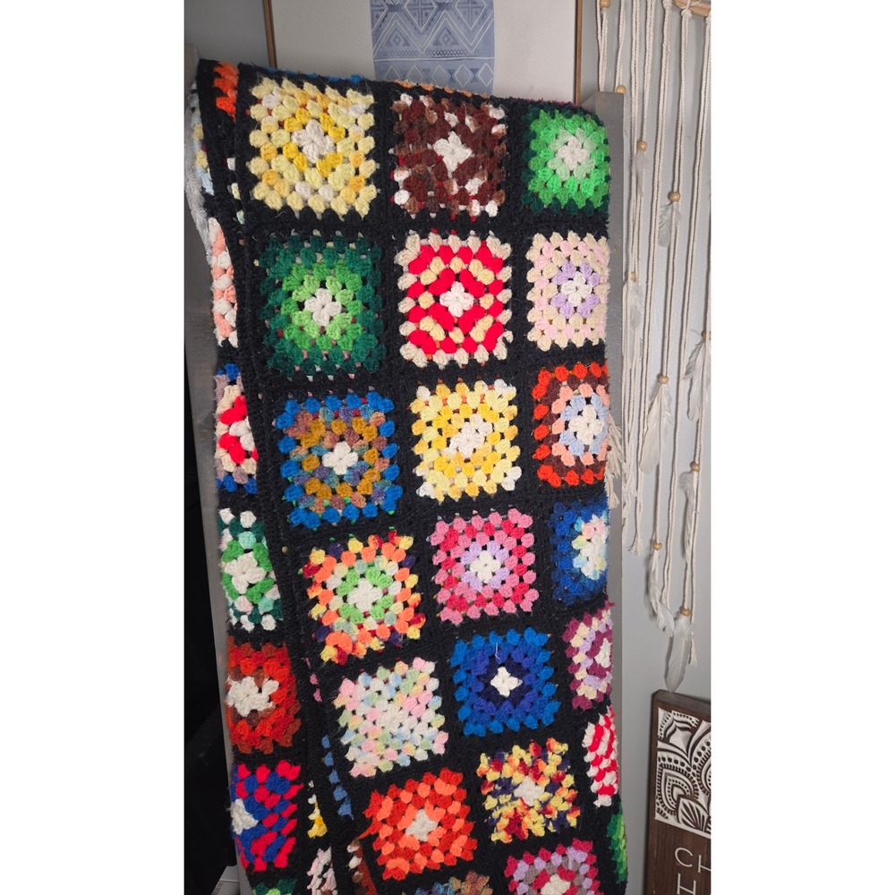 Vintage Handmade Granny Square Crochet Blanket Multi Color Boho Afghan 74x120